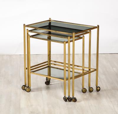 Italian Brass and Smoked Glass Nesting Tables Italy circa 1960
