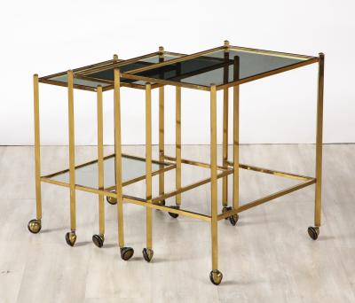 Italian Brass and Smoked Glass Nesting Tables Italy circa 1960