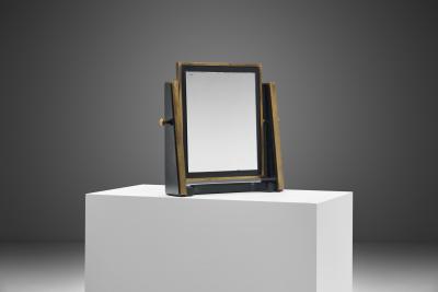 Italian Brass and Stained Wood Table Mirror Italy 1970s