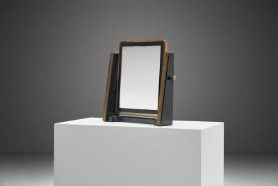 Italian Brass and Stained Wood Table Mirror Italy 1970s