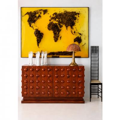 Italian Brutalist Hand Carved Oak Wood Sideboard with Sculptural Studded Doors