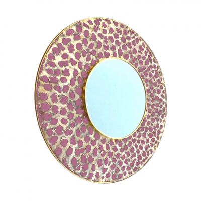 Italian Brutalist Perforated Rose Pink Lacquer Gold Brass Modern Round Mirror