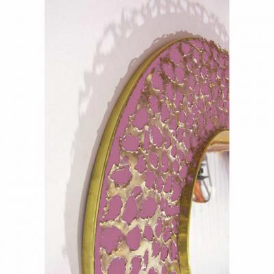 Italian Brutalist Perforated Rose Pink Lacquer Gold Brass Modern Round Mirror