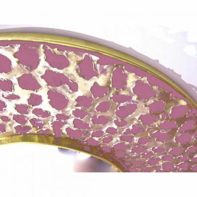 Italian Brutalist Perforated Rose Pink Lacquer Gold Brass Modern Round Mirror