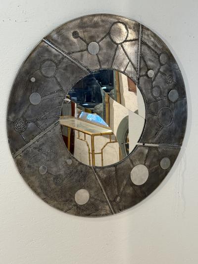 Italian Brutalist Round Mirror with Sculpted Metal Frame 1970s
