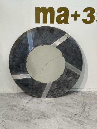 Italian Brutalist Round Mirror with Sculpted Metal Frame 1970s