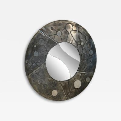 Italian Brutalist Round Mirror with Sculpted Metal Frame 1970s