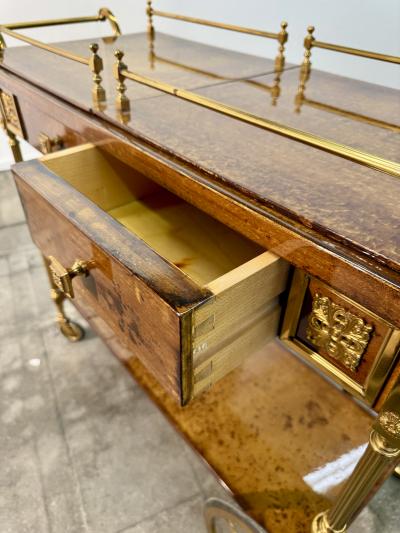 Italian Burl Wood and Brass Bar Cart 1950s