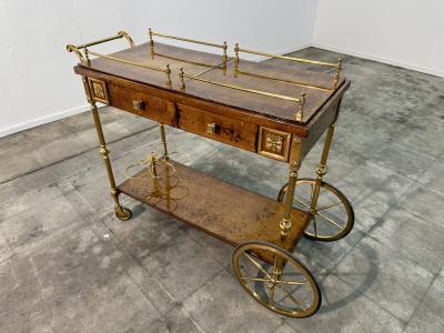 Italian Burl Wood and Brass Bar Cart 1950s
