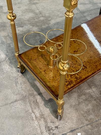 Italian Burl Wood and Brass Bar Cart 1950s