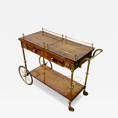 Italian Burl Wood and Brass Bar Cart 1950s