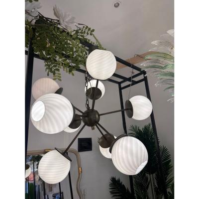 Italian Burnished Sputnik Chandelier in Milky White Swirl Style Murano Glass