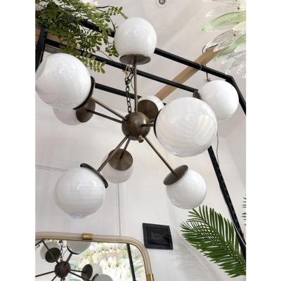 Italian Burnished Sputnik Chandelier in Milky White Swirl Style Murano Glass
