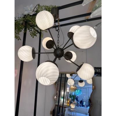 Italian Burnished Sputnik Chandelier in Milky White Swirl Style Murano Glass