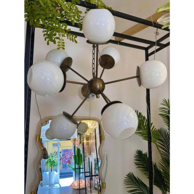 Italian Burnished Sputnik Chandelier in Milky White Swirl Style Murano Glass