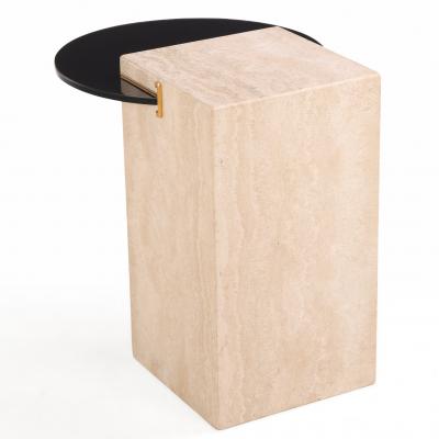 Italian Cantilevered Glass and Travertine Side Table 