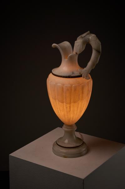Italian Carved Alabaster Urn Table Lamp with Fish Handle 1940s