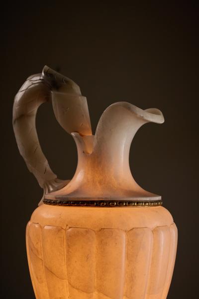 Italian Carved Alabaster Urn Table Lamp with Fish Handle 1940s
