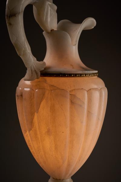 Italian Carved Alabaster Urn Table Lamp with Fish Handle 1940s