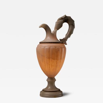 Italian Carved Alabaster Urn Table Lamp with Fish Handle 1940s