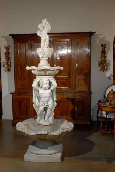 Italian Carved Stone Two Tiered Garden Fountain from Vicenza