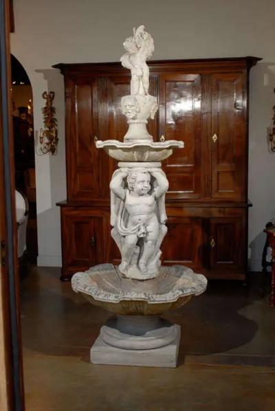 Italian Carved Stone Two Tiered Garden Fountain from Vicenza
