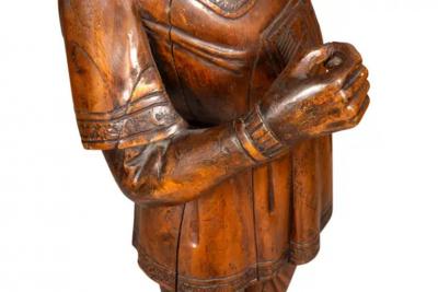 Italian Carved Walnut Torchere Of A Standing Boy Holding A Torch