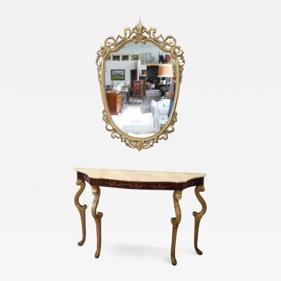 Italian Carved and Gilded Wood Console Table with Marble Top and Mirror