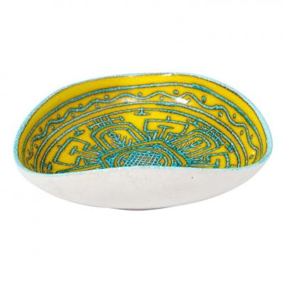 Italian Ceramic Bowl Abstract Yellow Blue and White Primitive Signed