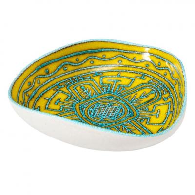 Italian Ceramic Bowl Abstract Yellow Blue and White Primitive Signed