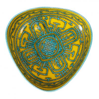 Italian Ceramic Bowl Abstract Yellow Blue and White Primitive Signed