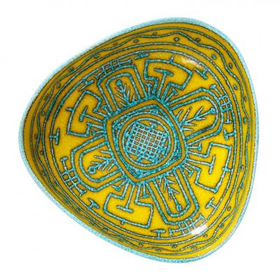 Italian Ceramic Bowl Abstract Yellow Blue and White Primitive Signed