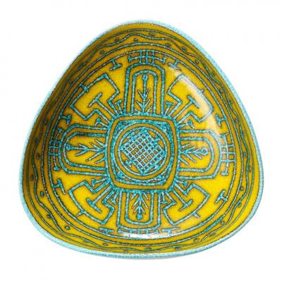Italian Ceramic Bowl Abstract Yellow Blue and White Primitive Signed