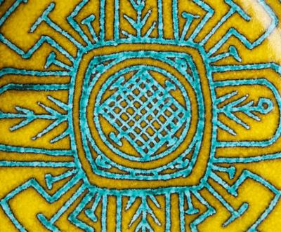 Italian Ceramic Bowl Abstract Yellow Blue and White Primitive Signed