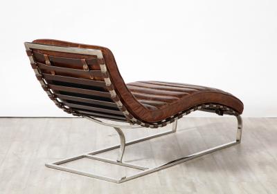Italian Channeled Leather and Chrome Chaise Longue 1970