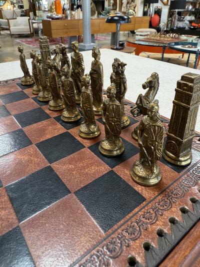 Italian Chess Set in Cast Metal on Carved Wooden Board 1970s