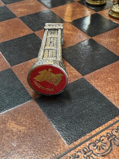 Italian Chess Set in Cast Metal on Carved Wooden Board 1970s