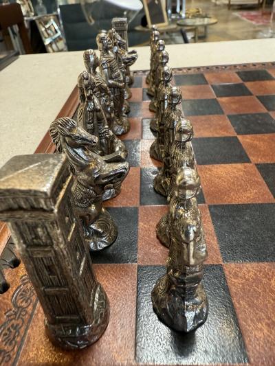 Italian Chess Set in Cast Metal on Carved Wooden Board 1970s