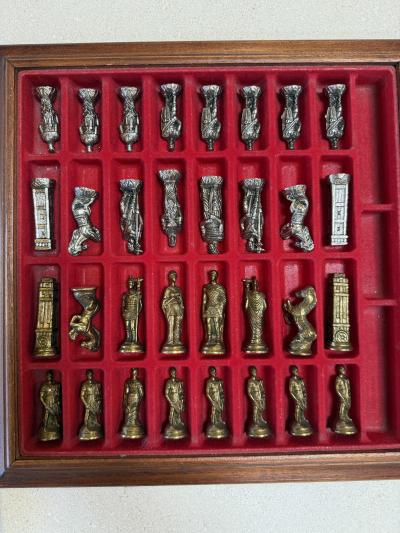 Italian Chess Set in Cast Metal on Carved Wooden Board 1970s