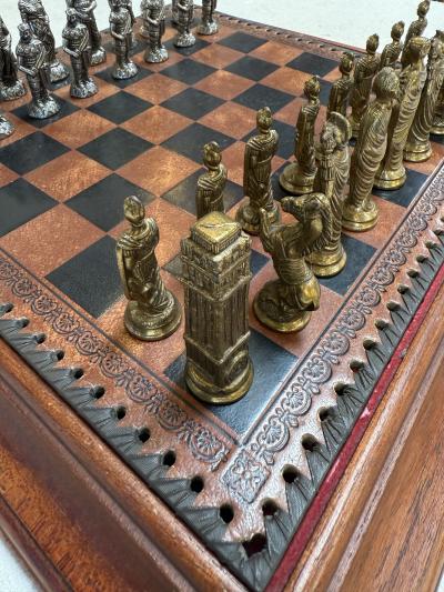 Italian Chess Set in Cast Metal on Carved Wooden Board 1970s