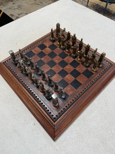 Italian Chess Set in Cast Metal on Carved Wooden Board 1970s