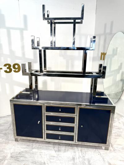 Italian Chrome and Lacquered Credenza with Geometric Bookshelf 1970s