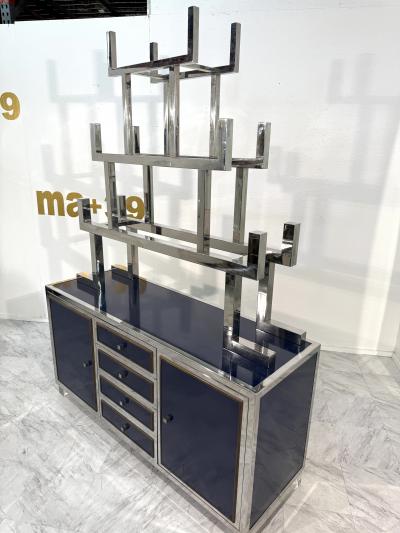 Italian Chrome and Lacquered Credenza with Geometric Bookshelf 1970s