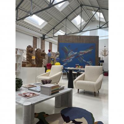 Italian Contemporary Armchairs Upholstered in Ivory Wool and Wooden Legs