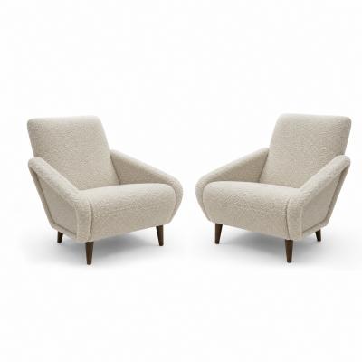 Italian Contemporary Armchairs Upholstered in Ivory Wool and Wooden Legs