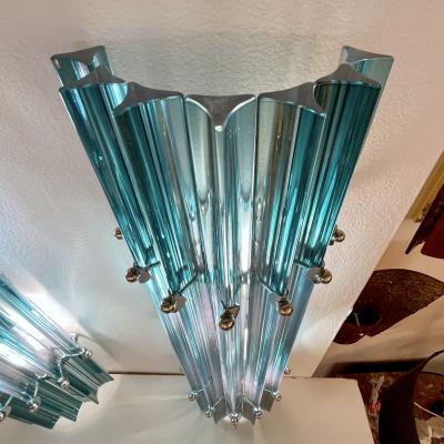Italian Contemporary Minimalist Pair of Aquamarine Murano Glass Nickel Sconces