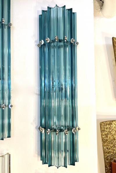 Italian Contemporary Minimalist Pair of Aquamarine Murano Glass Nickel Sconces