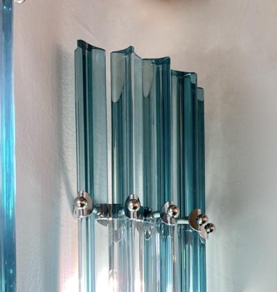 Italian Contemporary Minimalist Pair of Aquamarine Murano Glass Nickel Sconces