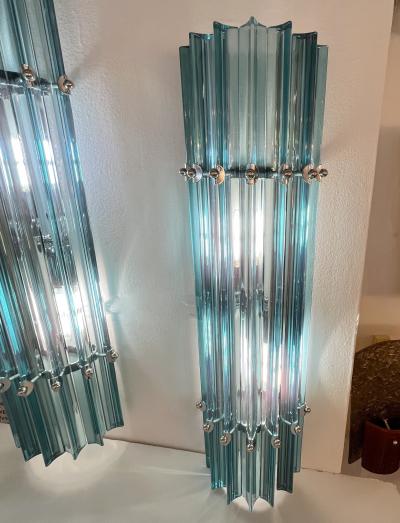 Italian Contemporary Minimalist Pair of Aquamarine Murano Glass Nickel Sconces