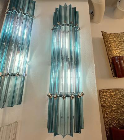 Italian Contemporary Minimalist Pair of Aquamarine Murano Glass Nickel Sconces